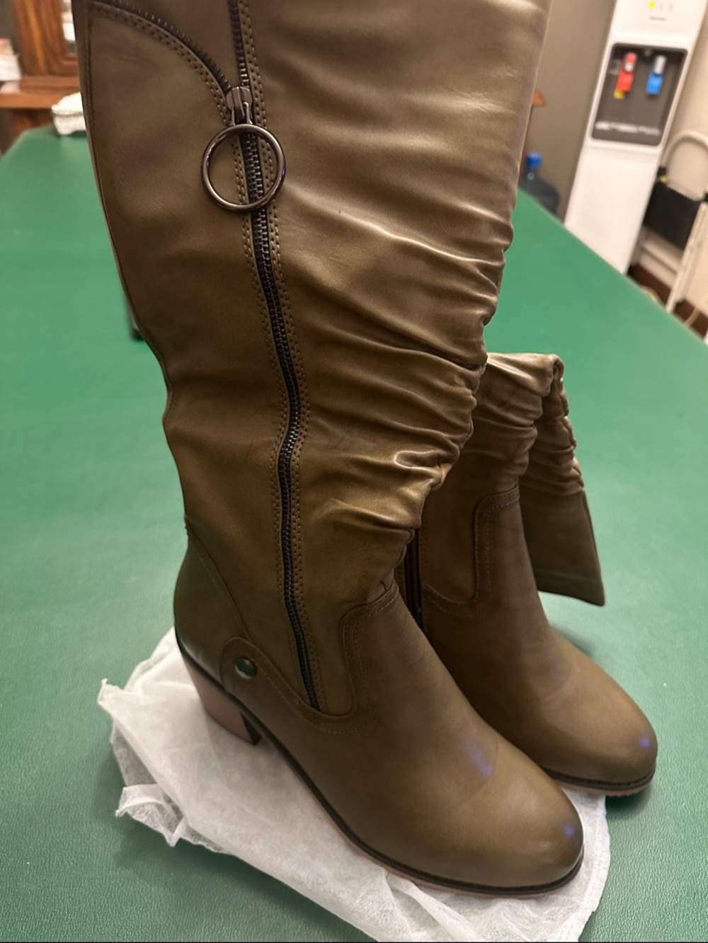 Olive Knee-High Ruched Heeled Boots. Soft inside. Comfortable.  Solid heel new